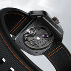 Agelocer Volcano Flame watch caseback, 27-jewel automatic movement, black case, orange accents
