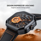 Agelocer Volcano Flame watch, orange skeleton dial, volcano-inspired design feature, angled view