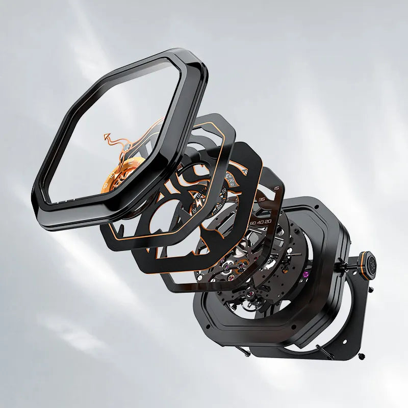 Exploded view of Agelocer Volcano Flame watch showing case, orange skeleton dial and automatic movement