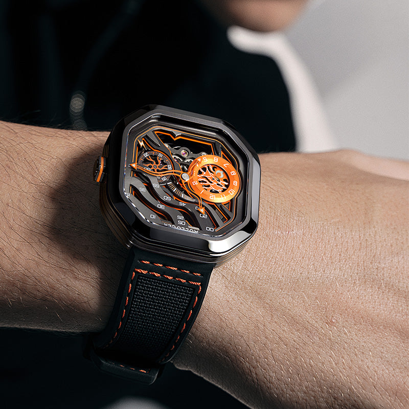 Man wearing Agelocer Volcano Flame watch with orange skeleton dial and black rubber strap, wrist lifestyle