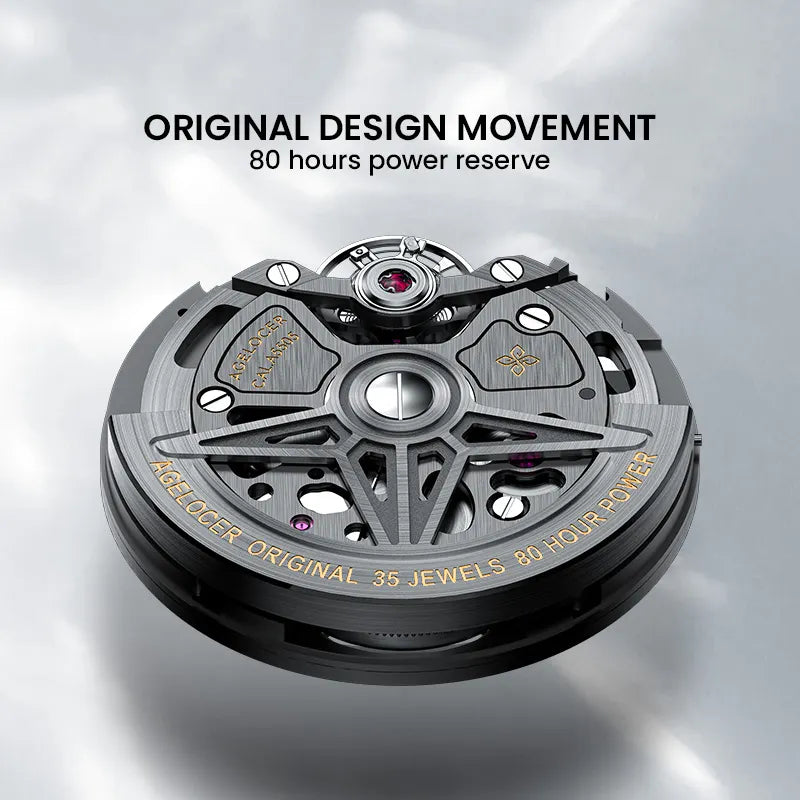 Agelocer Volcano Flame original design movement with 80-hour power reserve, orange bridges, close-up detail