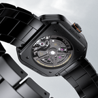 Caseback of Agelocer Volcano Flame watch showing 35 jewels and 80-hour power reserve, steel bracelet