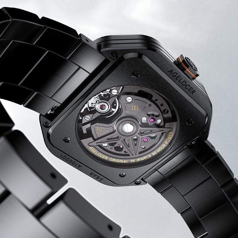 Caseback of Agelocer Volcano Flame watch showing 35 jewels and 80-hour power reserve, steel bracelet