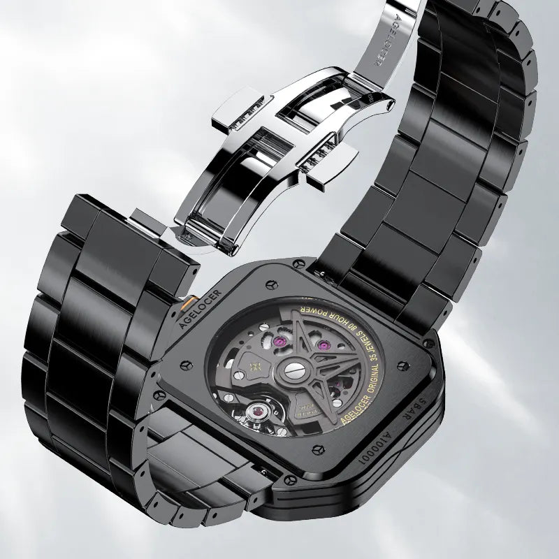 Agelocer Volcano Flame watch steel bracelet with folding clasp, close-up detail