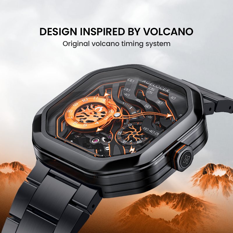 Agelocer Volcano Flame steel-bracelet watch, orange dial, volcano-inspired design feature, angled view