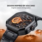 Agelocer Volcano Flame steel-bracelet watch, orange dial, volcano-inspired design feature, angled view