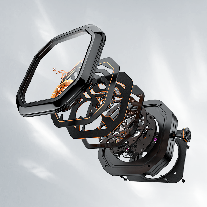 Exploded view of Agelocer Volcano Flame steel watch showing case, orange skeleton dial and movement