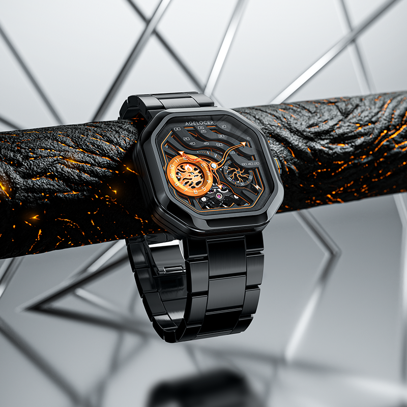 Agelocer Volcano Flame watch with orange dial resting on a molten lava textured surface, lifestyle shot