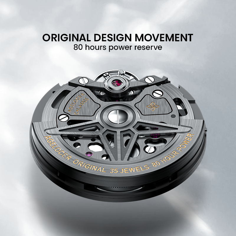 Agelocer Volcano Flame original design movement with 80-hour power reserve and 35 jewels, close-up detail