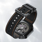 Agelocer Volcano Flame watch black rubber strap with orange stitching and signed buckle, close-up detail