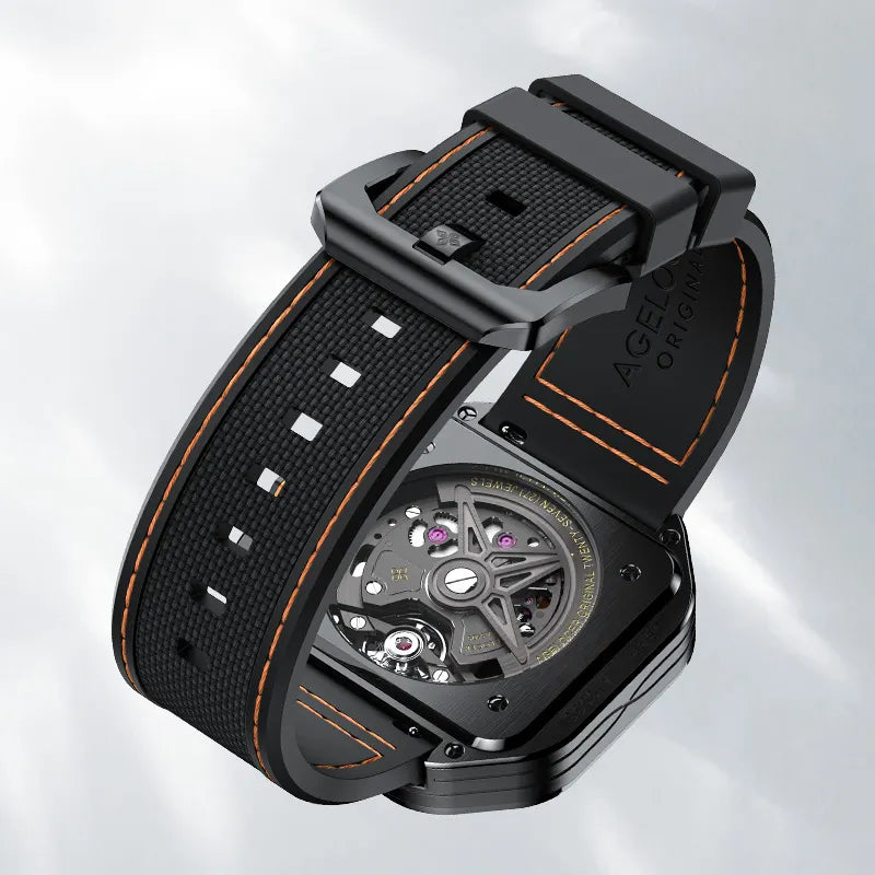 Agelocer Volcano Flame watch black rubber strap with orange stitching and signed buckle, close-up detail