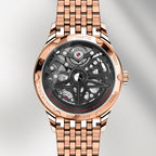 Caseback of Agelocer Schwarzwald women's skeleton watch showing 28 jewels and 80-hour power reserve