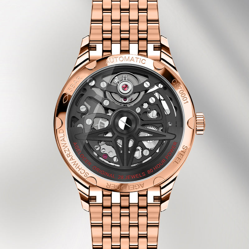 Caseback of Agelocer Schwarzwald women's skeleton watch showing 28 jewels and 80-hour power reserve