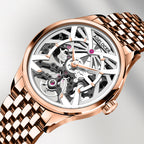 Agelocer Schwarzwald women's skeleton watch, rose gold case and bracelet, angled close-up of openwork dial