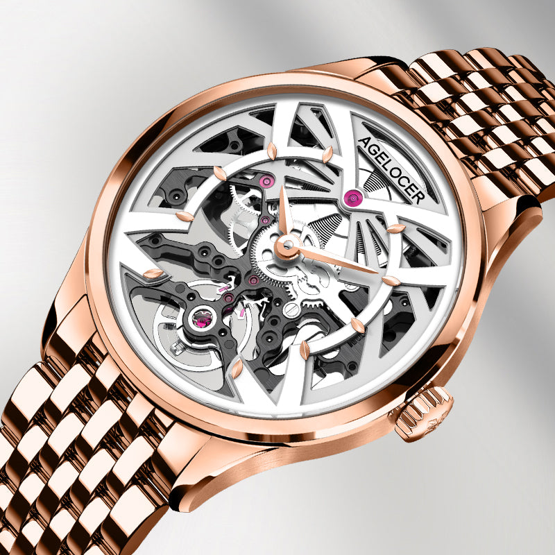 Agelocer Schwarzwald women's skeleton watch, rose gold case and bracelet, angled close-up of openwork dial