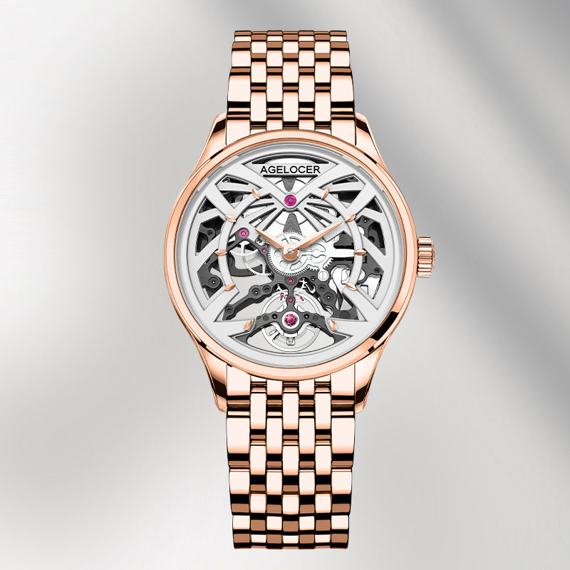 Agelocer Schwarzwald women's skeleton watch, rose gold case and bracelet, white openwork dial, front view