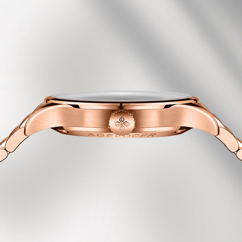Side profile of Agelocer Schwarzwald women's skeleton watch, rose gold case and bracelet