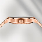 Side profile of Agelocer Schwarzwald women's skeleton watch, rose gold case and bracelet
