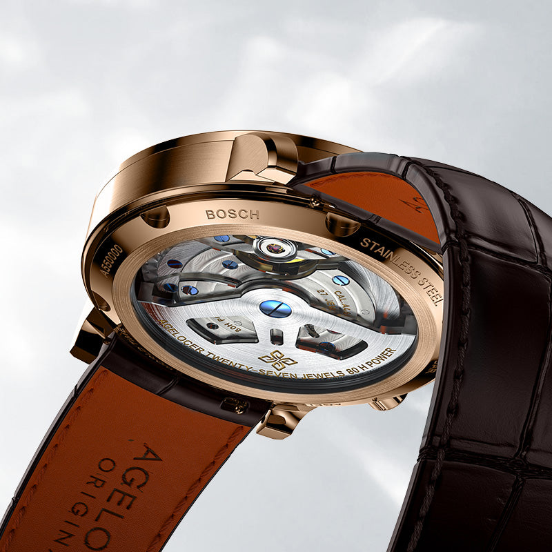 Caseback of Agelocer World Time automatic watch showing 27 jewels and 80-hour power reserve, rose gold case