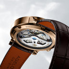 Caseback of Agelocer World Time automatic watch showing 27 jewels and 80-hour power reserve, rose gold case