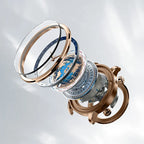 Exploded view of Agelocer World Time watch showing crystal, city ring, globe dial and movement