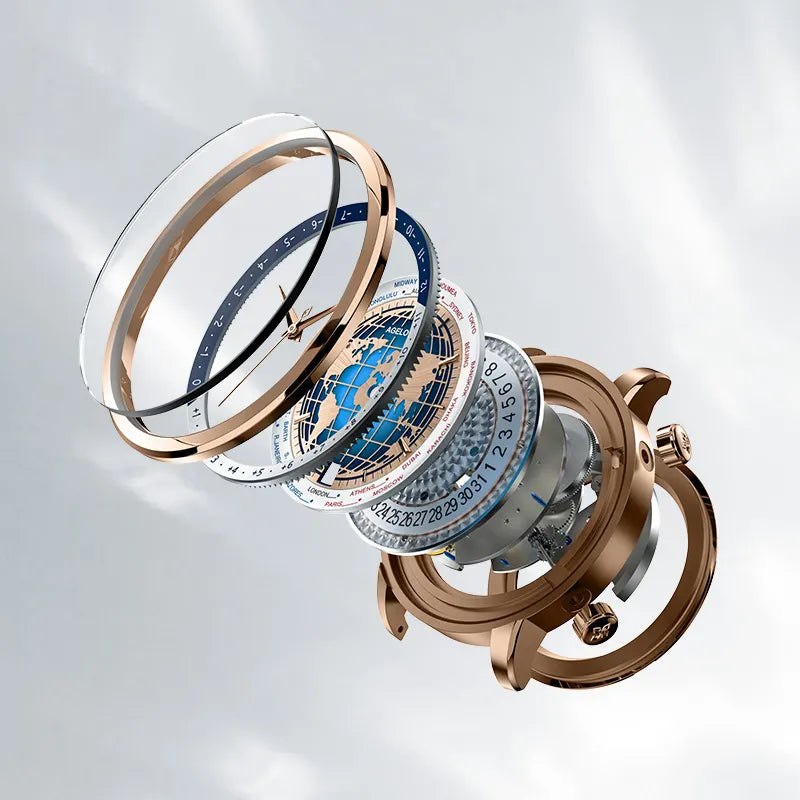 Exploded view of Agelocer World Time watch showing crystal, city ring, globe dial and movement