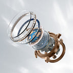 Exploded view of Agelocer World Time watch showing crystal, city ring, globe dial and movement