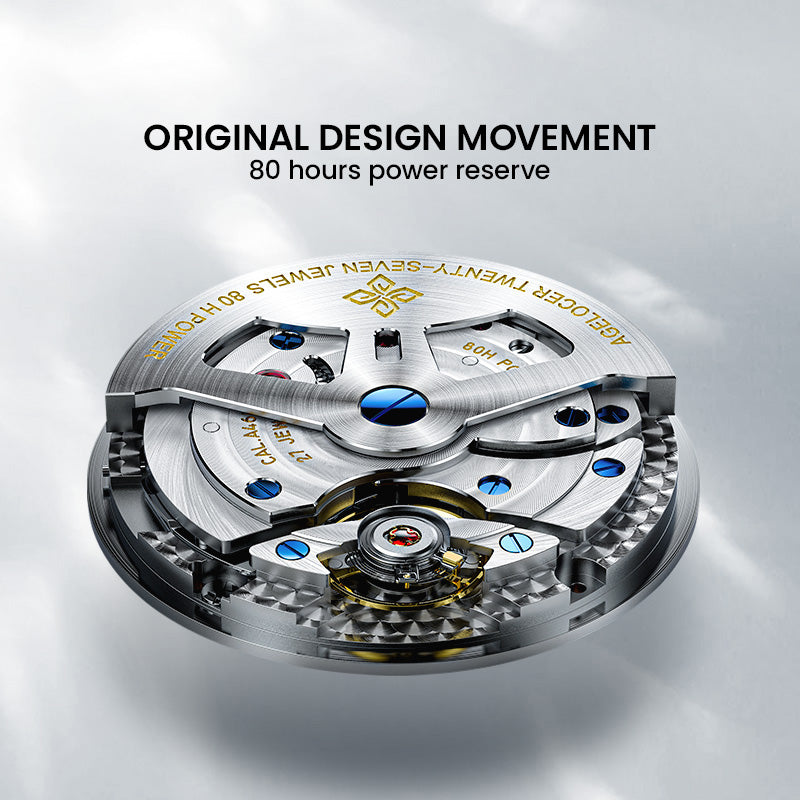 Agelocer World Time original movement with 80-hour power reserve and 27 jewels, close-up detail