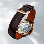 Agelocer World Time watch brown leather strap with signature folding clasp and rose gold caseback, detail