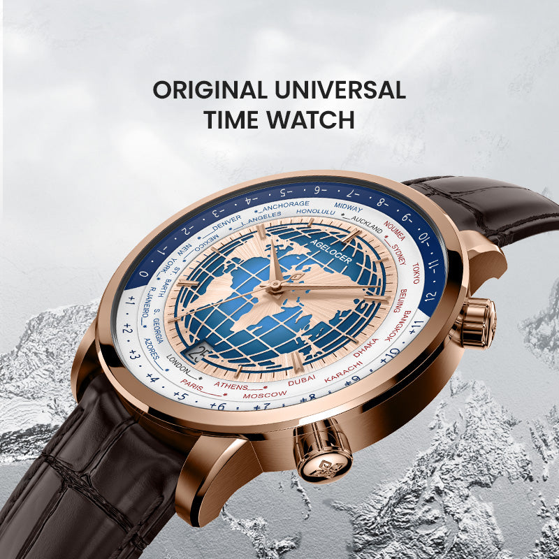 Agelocer original universal time watch with blue globe dial and world city ring, rose gold case, angled view