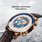 Agelocer original universal time watch with blue globe dial and world city ring, rose gold case, angled view