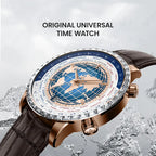 Agelocer original universal time watch with blue world map dial and city ring, rose gold case, angled view