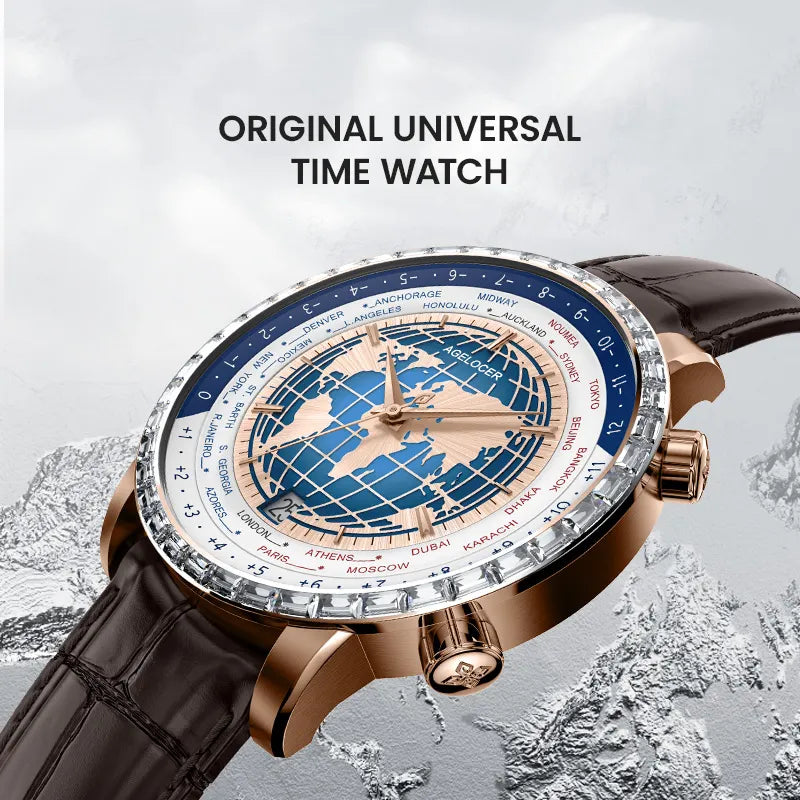 Agelocer original universal time watch with blue world map dial and city ring, rose gold case, angled view