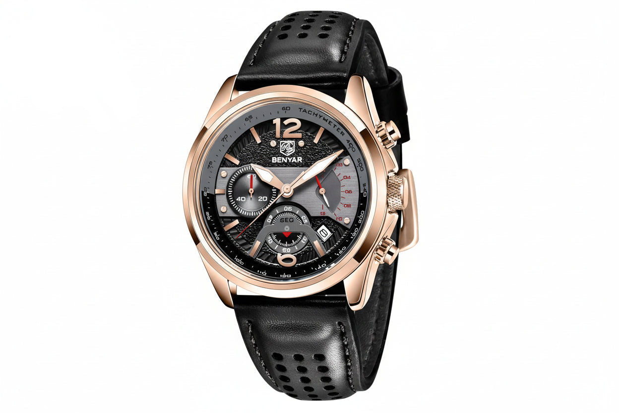 BENYAR BY-5171 Men's Quartz Sports Chronograph Watch - Leather with rose gold black dial