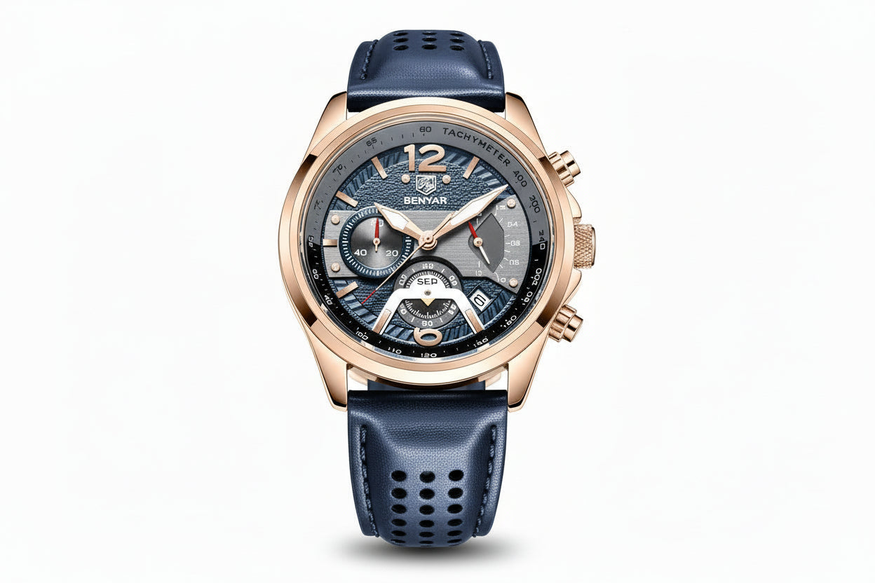 BENYAR BY-5171 Men's Quartz Sports Chronograph Watch - Leather with rose gold blue dial, shown on wrist