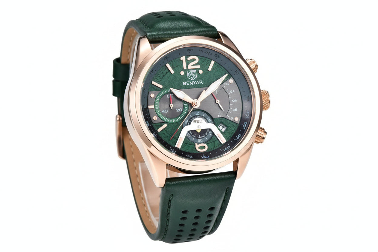 BENYAR BY-5171 Men's Quartz Sports Chronograph Watch - Leather with rose gold green dial, angled view