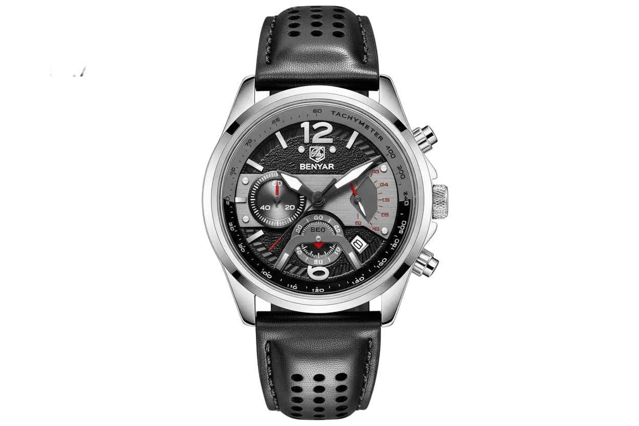 BENYAR BY-5171 Men's Quartz Sports Chronograph Watch - Leather with silver black dial