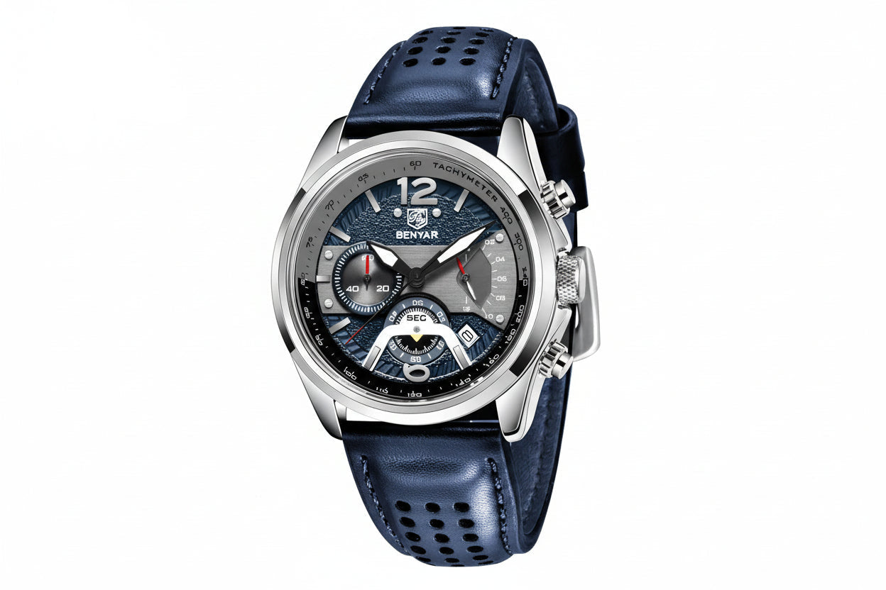 BENYAR BY-5171 Men's Quartz Sports Chronograph Watch - Leather with silver blue dial
