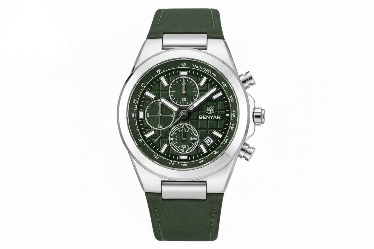 BENYAR BY-5206 Men's Quartz Chronograph Watch - Leather with green dial