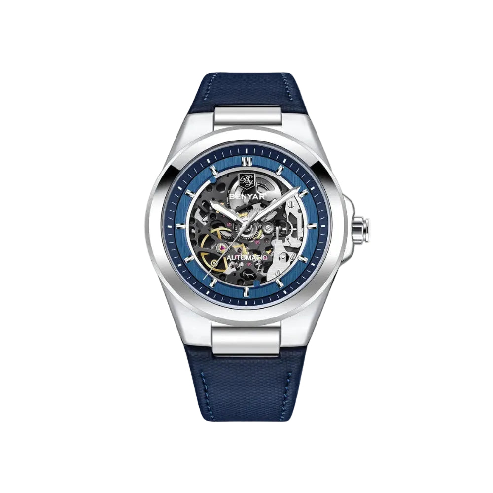 BENYAR BY-5207 42MM Hollow Automatic Skeleton Watch with blue dial, lifestyle shot