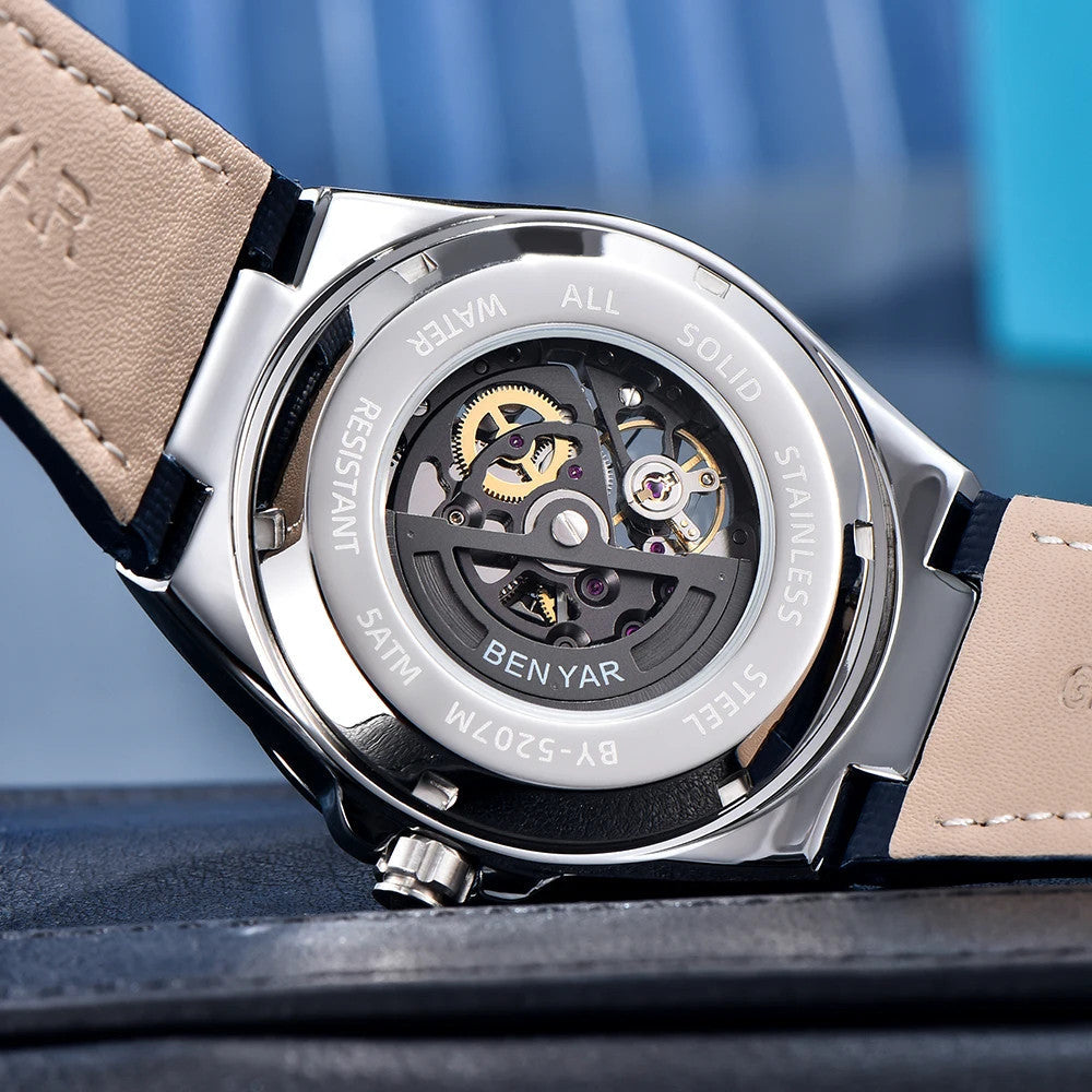 BENYAR BY-5207 42MM Hollow Automatic Skeleton Watch, caseback view