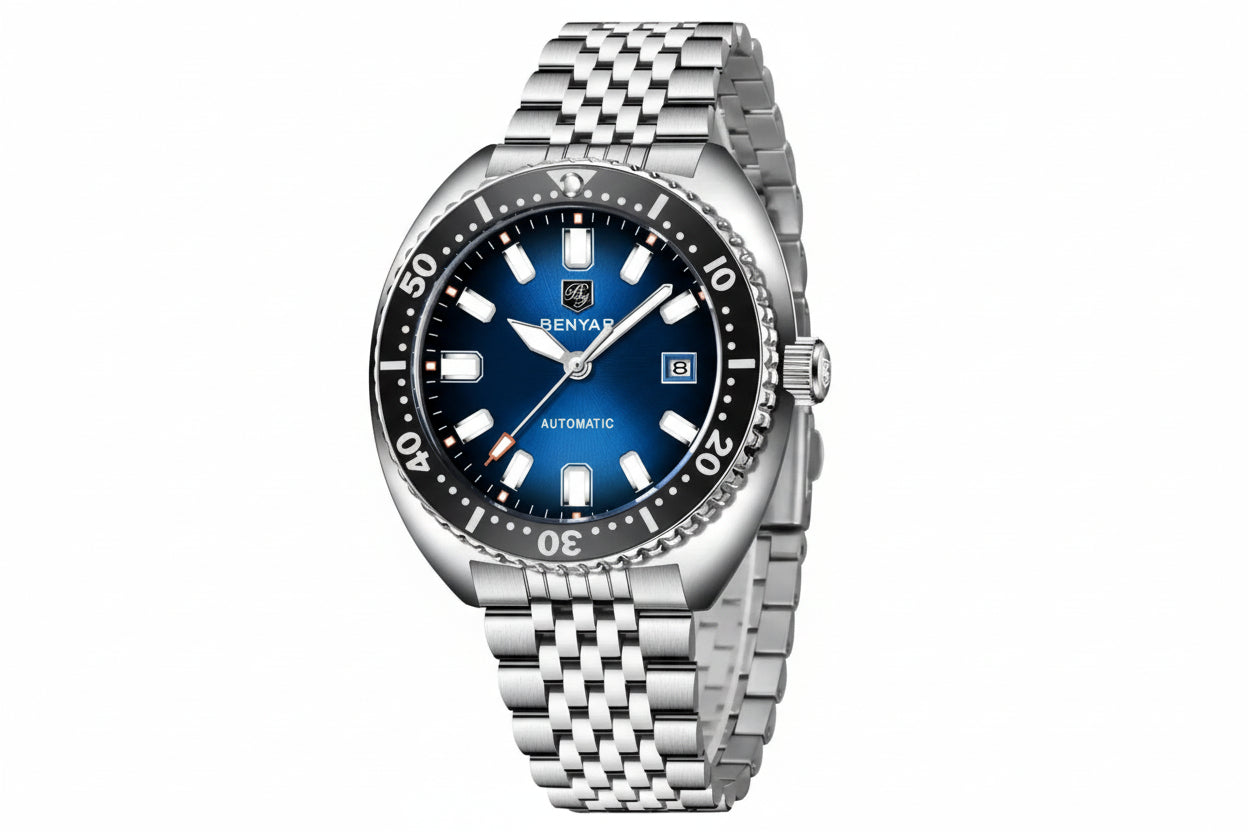 BENYAR BY-5211 42MM Men's Automatic Watch with blue dial, detail view