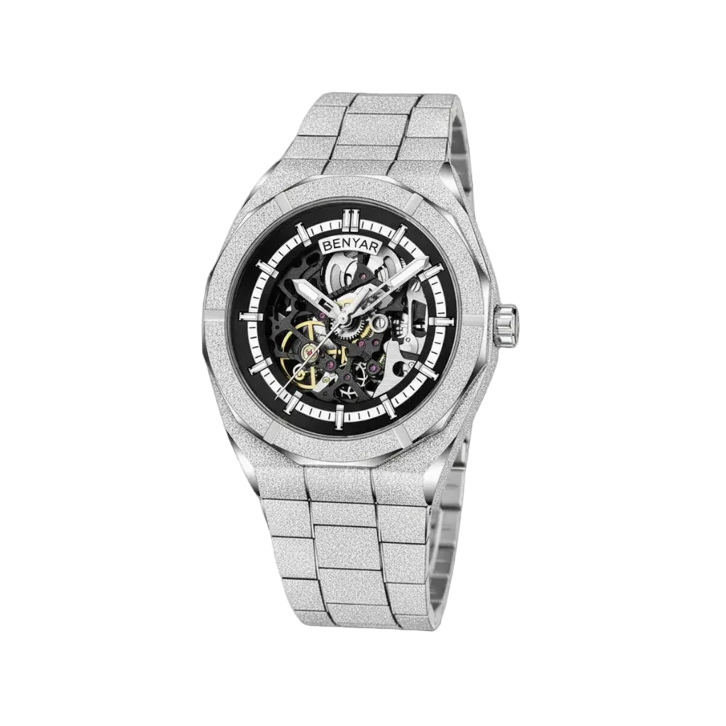 BENYAR BY-5212 Men's 3D Hollow Design Automatic Watch with silver black dial, shown on wrist
