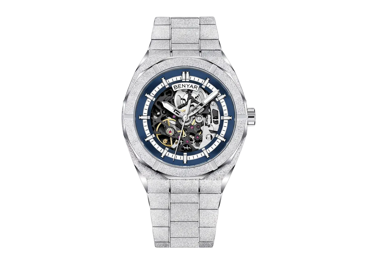 BENYAR BY-5212 Men's 3D Hollow Design Automatic Watch with silver blue dial