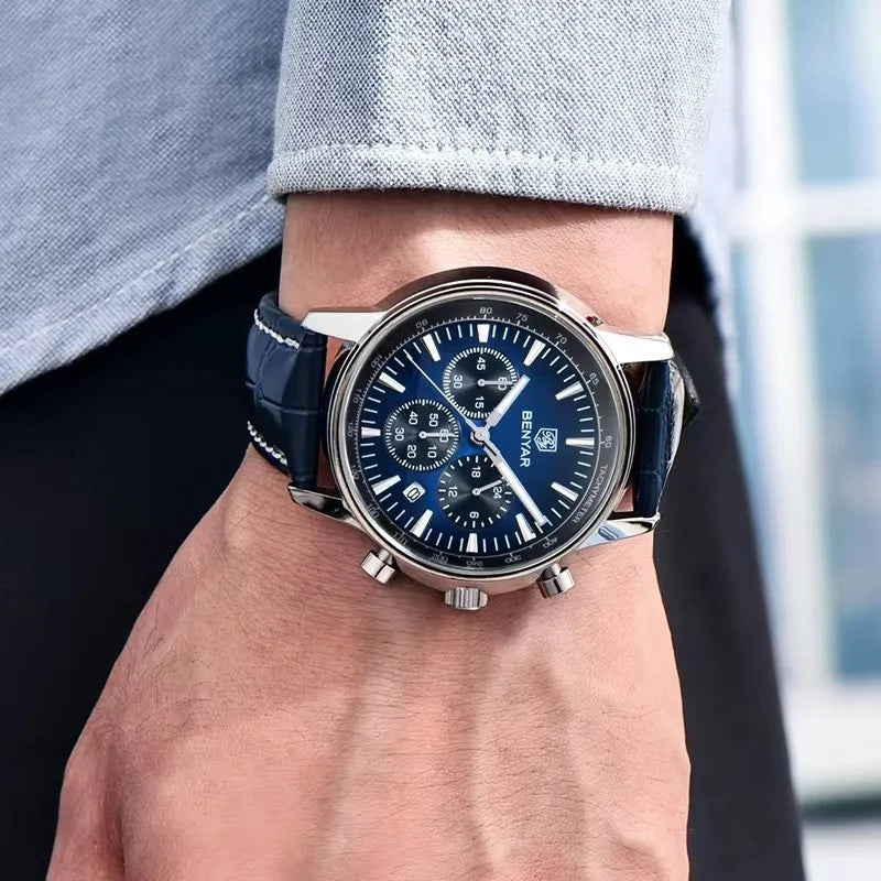 BENYAR BY-5213 Men's Sport Chronograph Quartz Watch - Leather, angled view