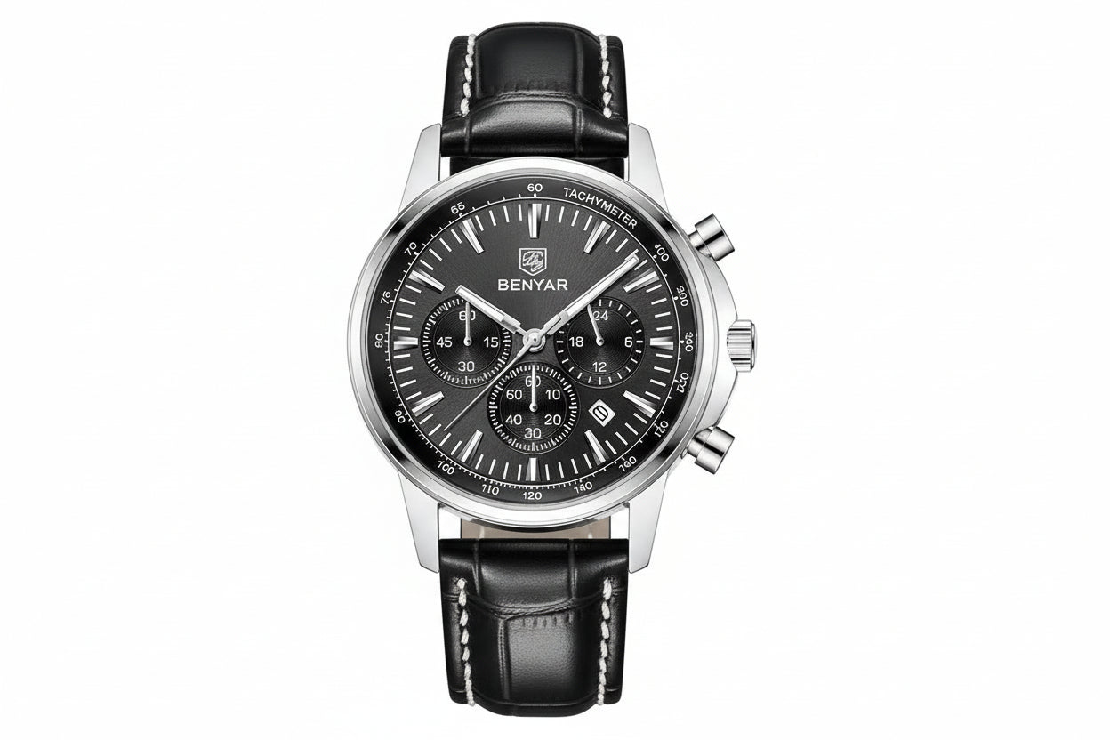 BENYAR BY-5213 Men's Sport Chronograph Quartz Watch - Leather with black dial