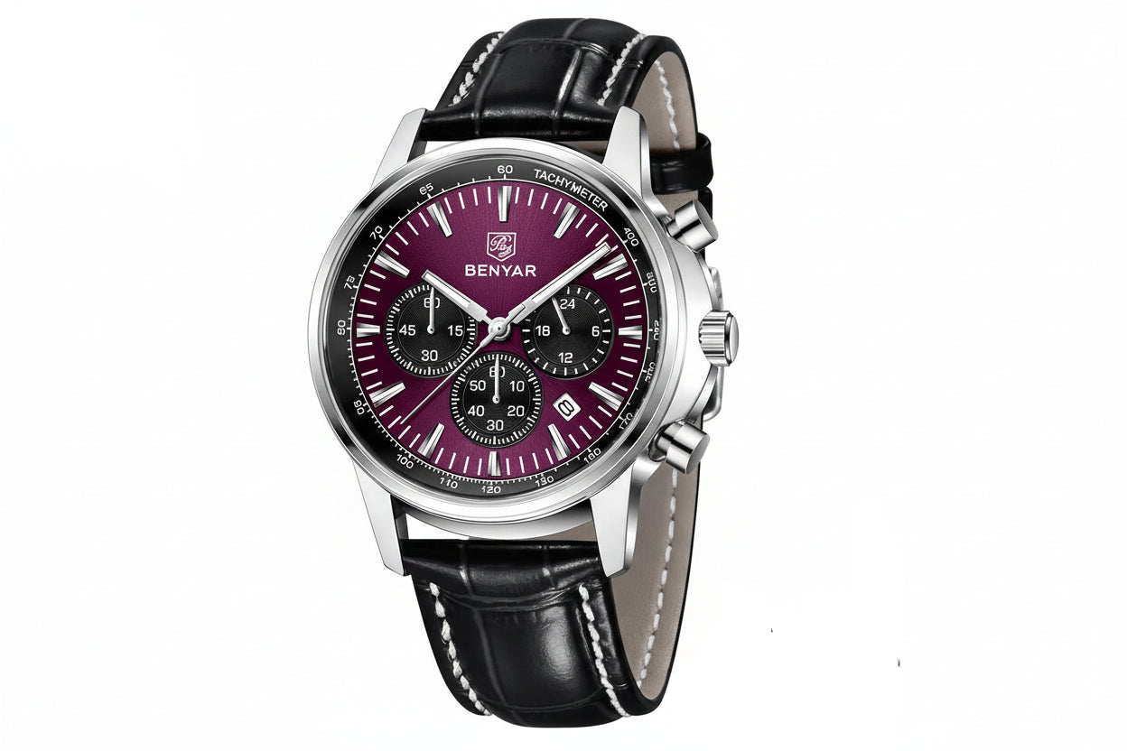 BENYAR BY-5213 Men's Sport Chronograph Quartz Watch - Leather with purple dial, lifestyle shot