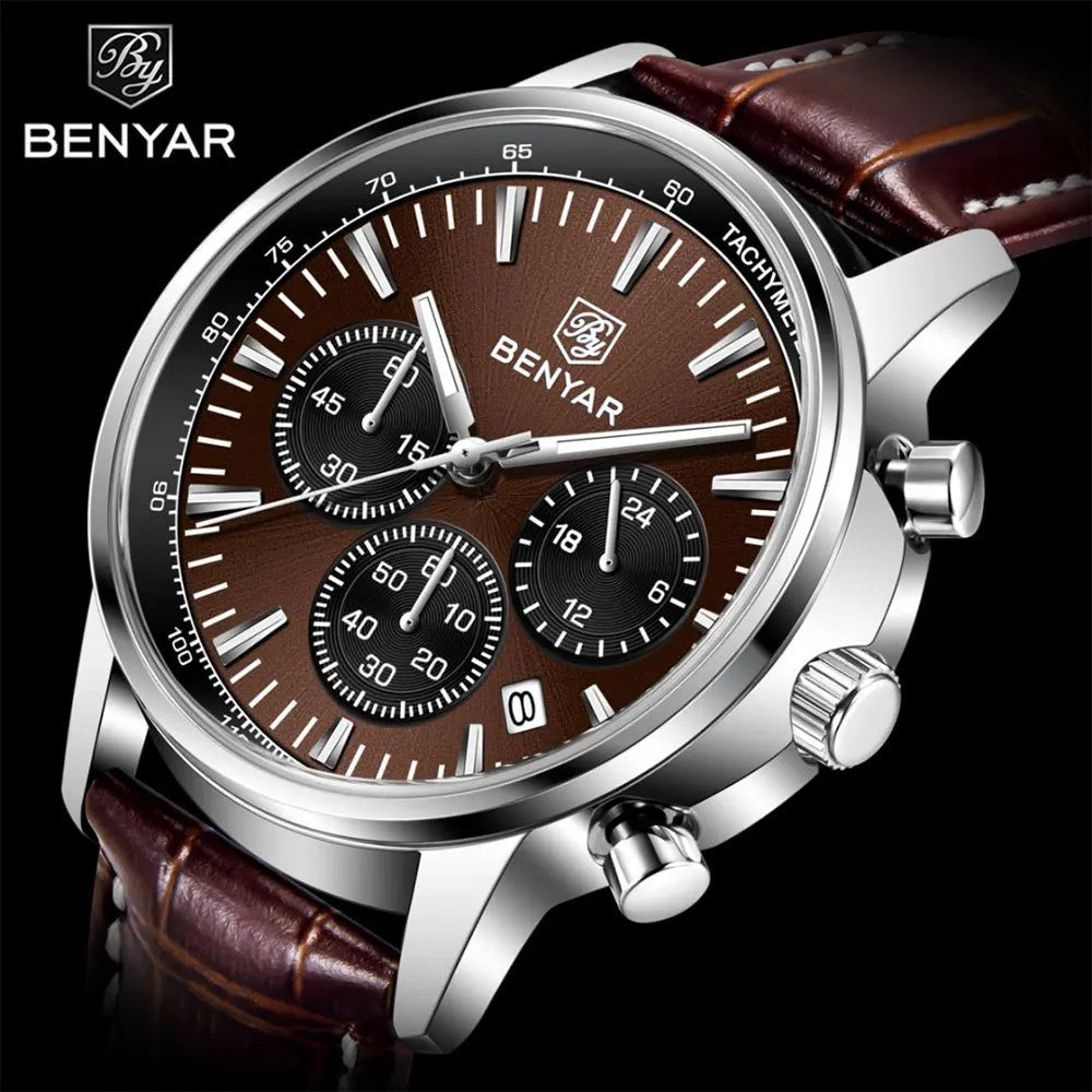 BENYAR BY-5213 Men's Sport Chronograph Quartz Watch - Leather, side view