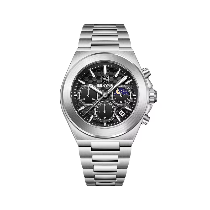 BENYAR BY-5220 Multi Functional Men's Quartz Chronograph Watch with black dial, angled view