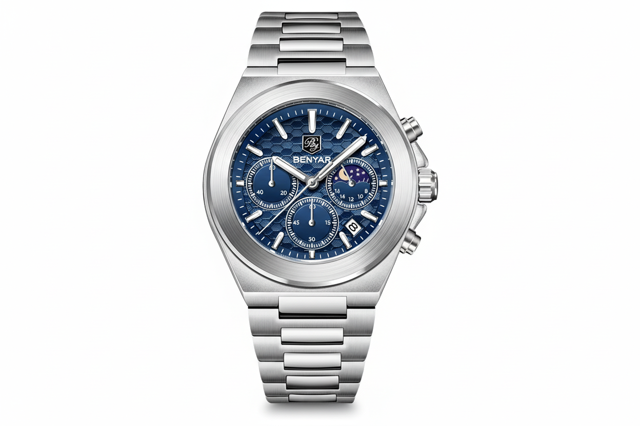 BENYAR BY-5220 Multi Functional Men's Quartz Chronograph Watch with blue dial, side view